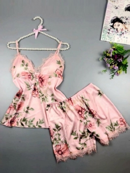 Lace Floral Satin Pyjama Camisole Short Sets Loungewear