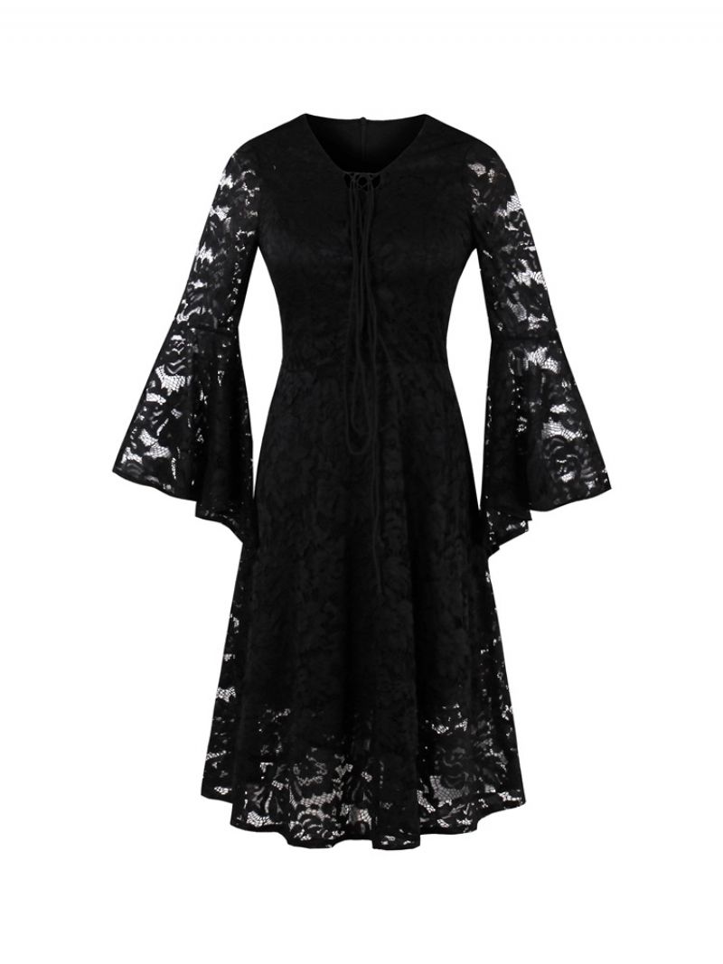 Lace Holow Flare Sleeve A Line Little Black Mekko