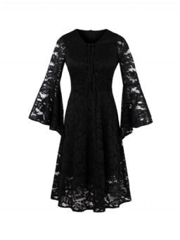 Lace Holow Flare Sleeve A Line Little Black Mekko