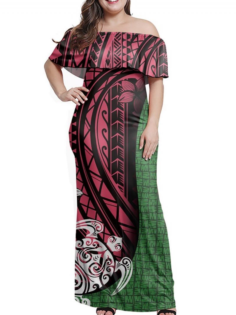 Tulosta Lyhythihainen Olkapäältä Poissuljettu Neulepusero Summer Maxi Dress