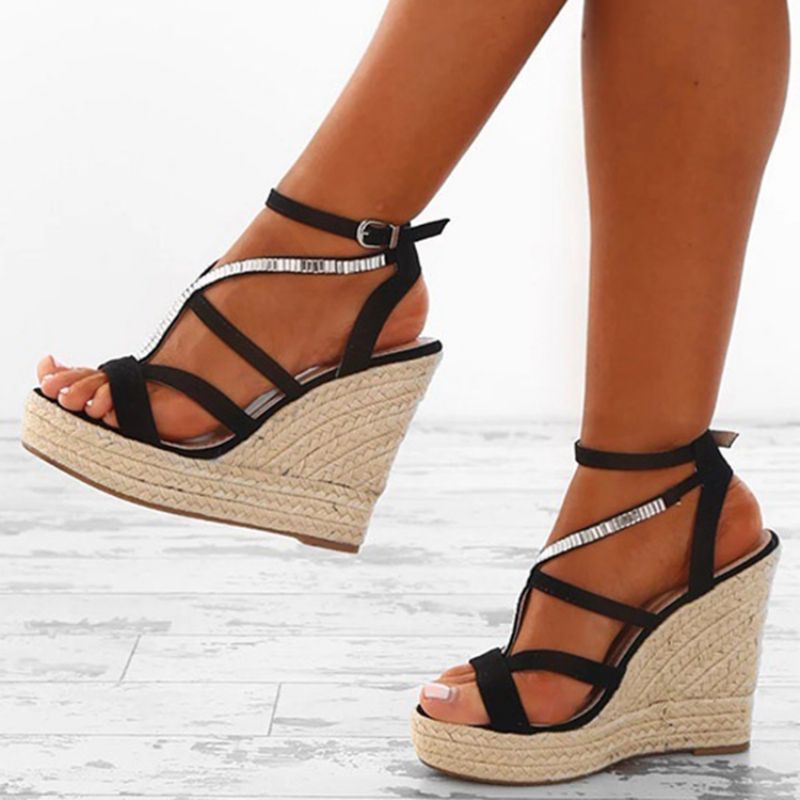 Strappy Woven Platform Strappy Wedge Heel Espadrille Sandaalit