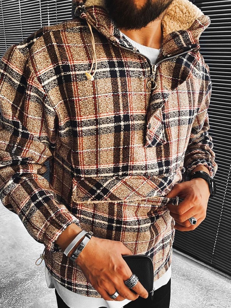 Fleece Plaid Pocket Loose Fall Hupparit