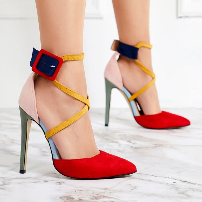 Faux Suede Color Block Stiletto Heel Teräväkärkiset Naisten Pumput