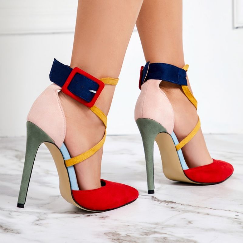 Faux Suede Color Block Stiletto Heel Teräväkärkiset Naisten Pumput