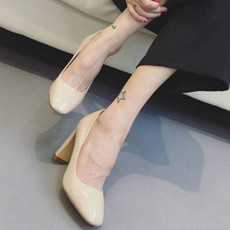 Pu Slip-On Square Toe Chunky Heel Naisten Pumput