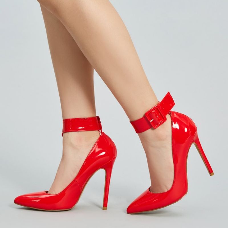 Red Buckle Plain Stiletto Heel Pumps