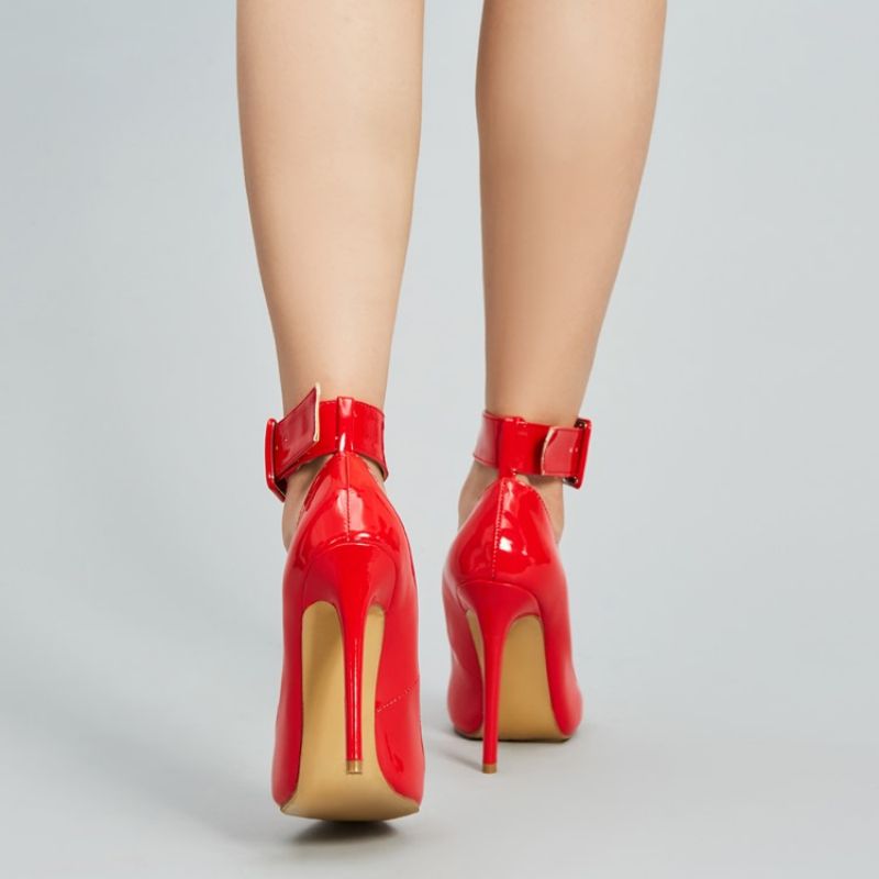 Red Buckle Plain Stiletto Heel Pumps