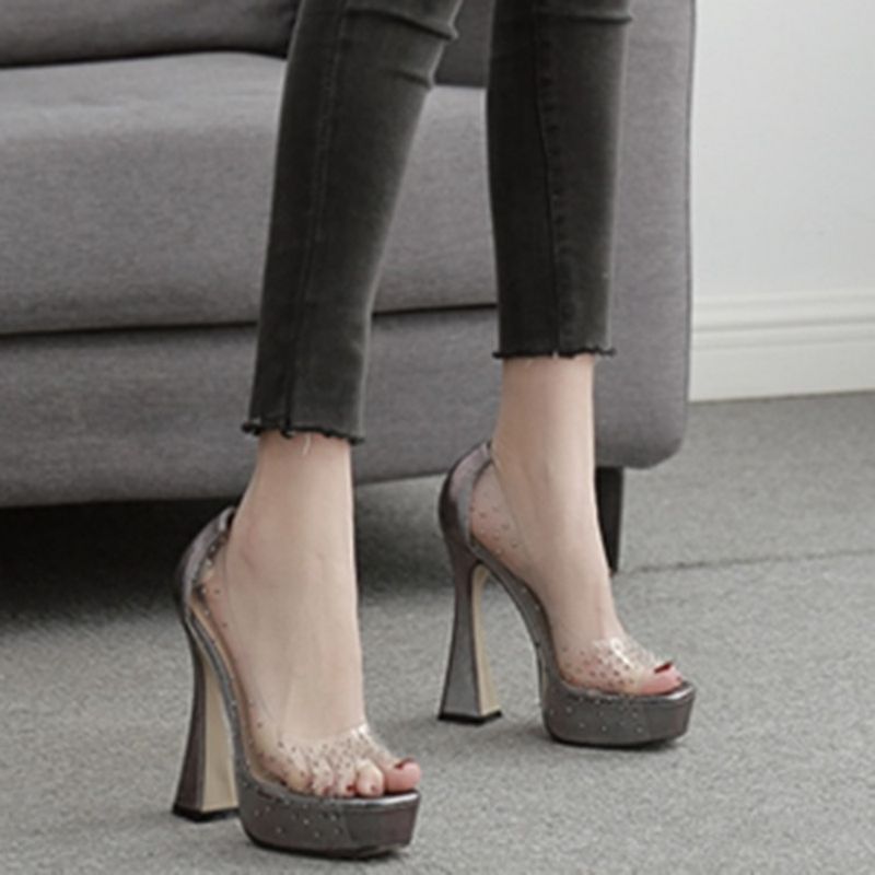 Rhinestone Peep Toe Chunky Heel Rennot Pumput