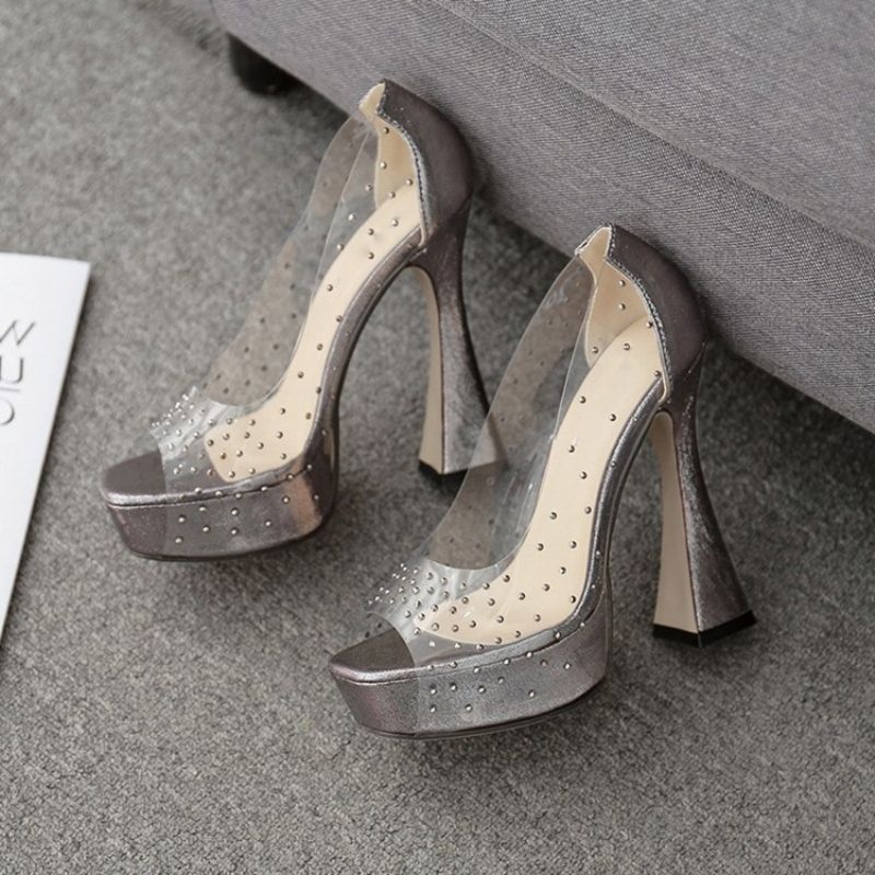 Rhinestone Peep Toe Chunky Heel Rennot Pumput