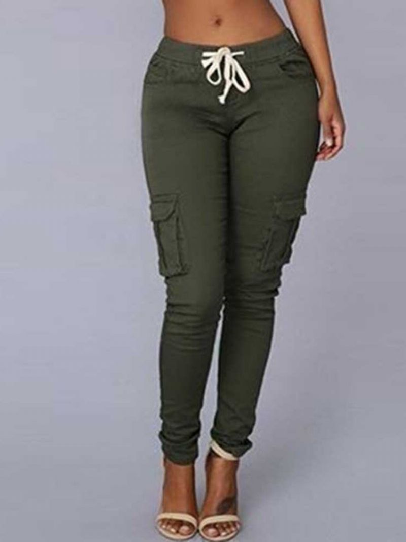 Cargo Pants Skinny Plain Pocket Pencil Housut Mid Waist Naisten Vapaa-Ajan Housut