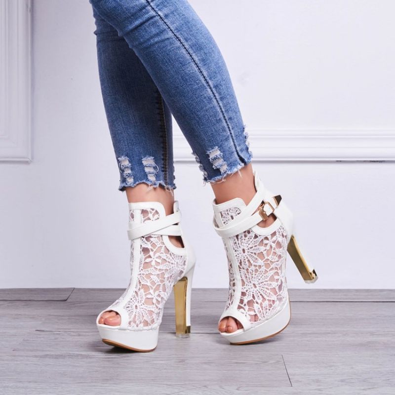 Lace Detail Peep Toe Valkoinen Heeled Platform Sandaalit