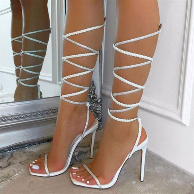 Lace-Up Open Toe Stiletto Heel Tekojalokivisandaalit