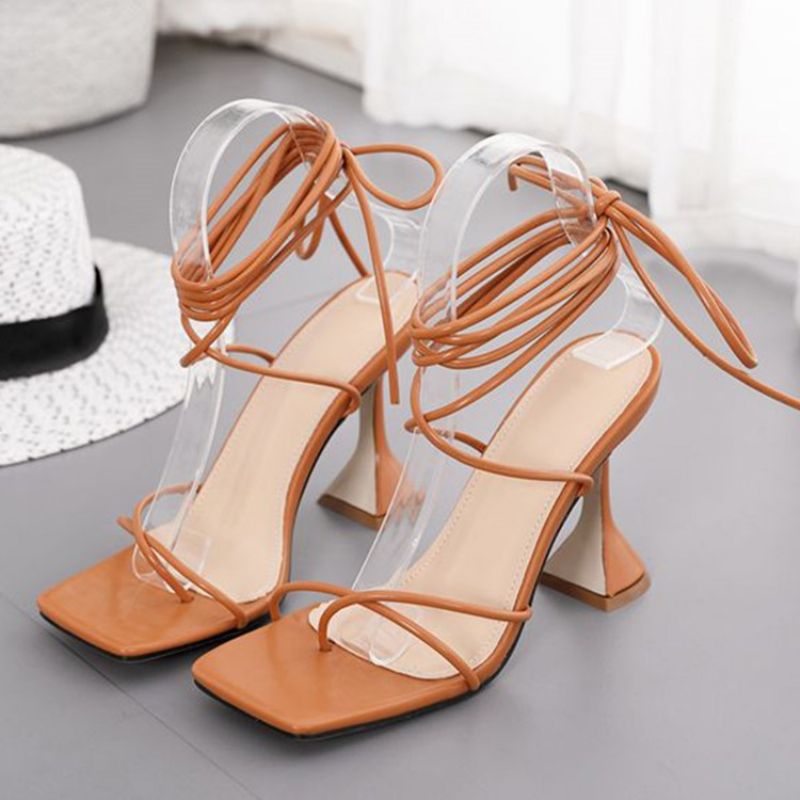 Lace-Up Square Toe Spool Heel Plain Sandaalit