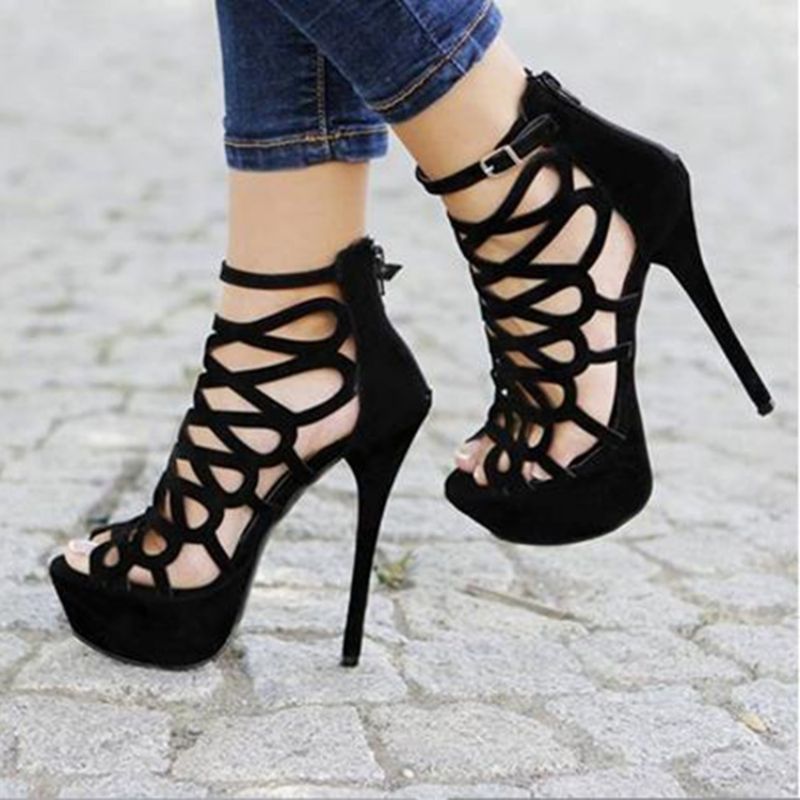 Mustat Butterfly Cut-Outs Stiletto Heel Peep Toe Sandaalit