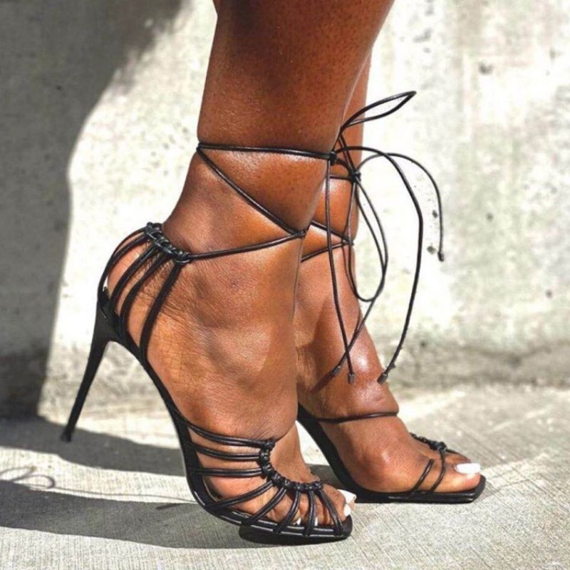 Stiletto Heel Lace-Up Peep Toe Western Sandaalit