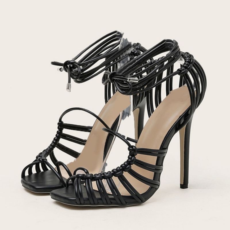 Stiletto Heel Lace-Up Peep Toe Western Sandaalit