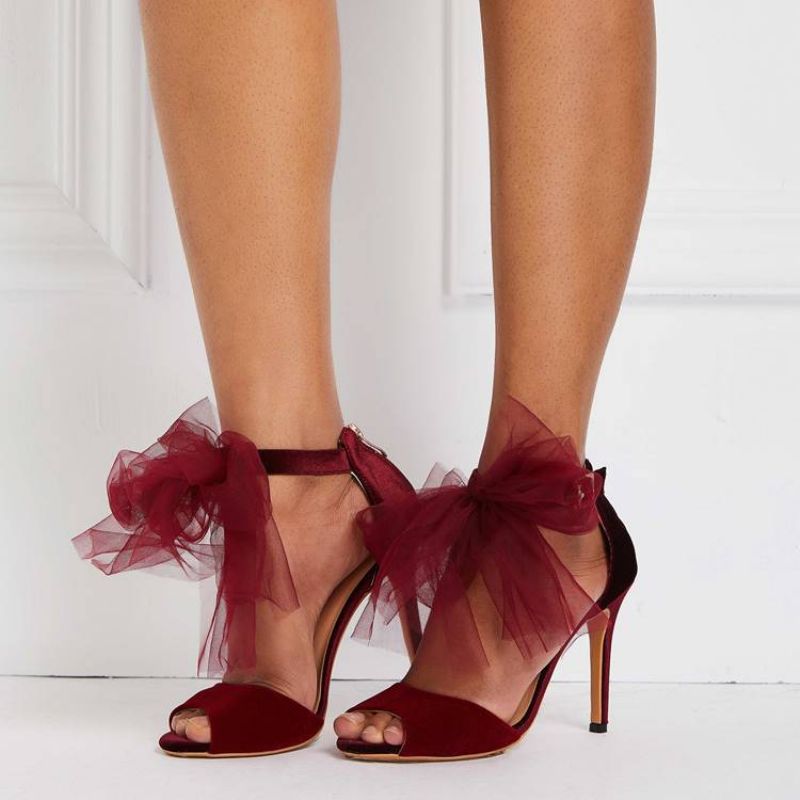 Upeat Burgundy Lace Bowknot Stiletto Sandaalit