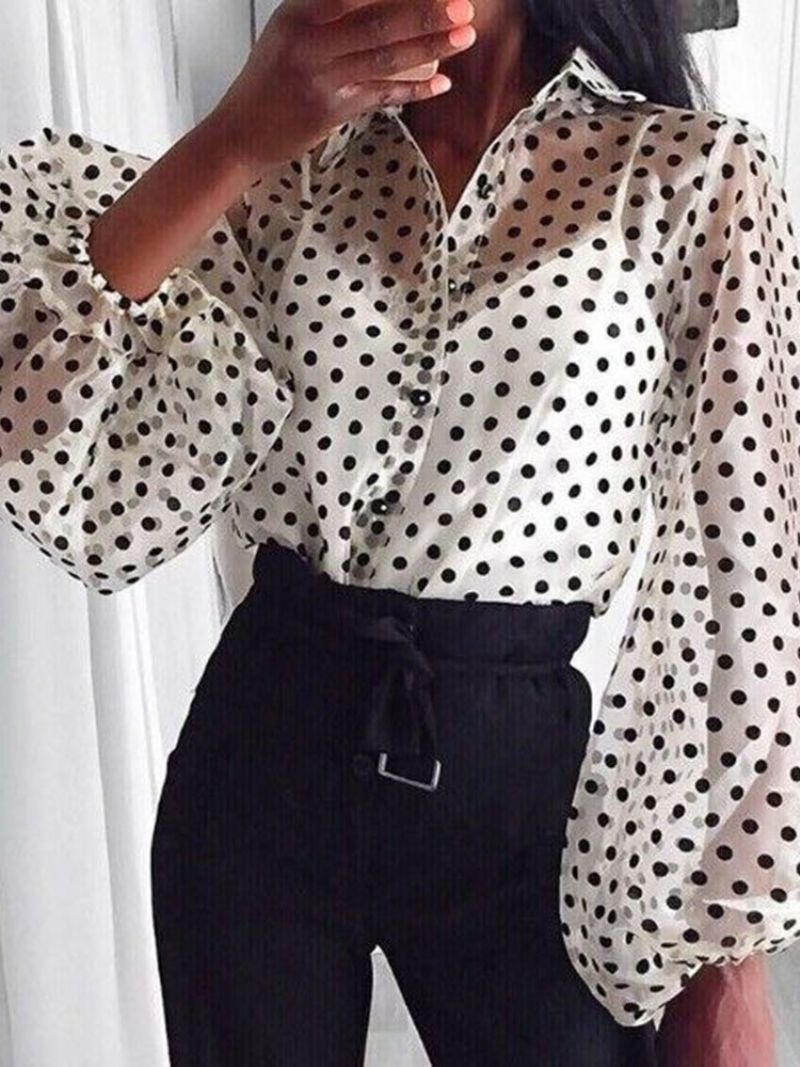 Lantern Sleeve Lapel Polka Dots Naisten Pitkähihainen Vakiopusero