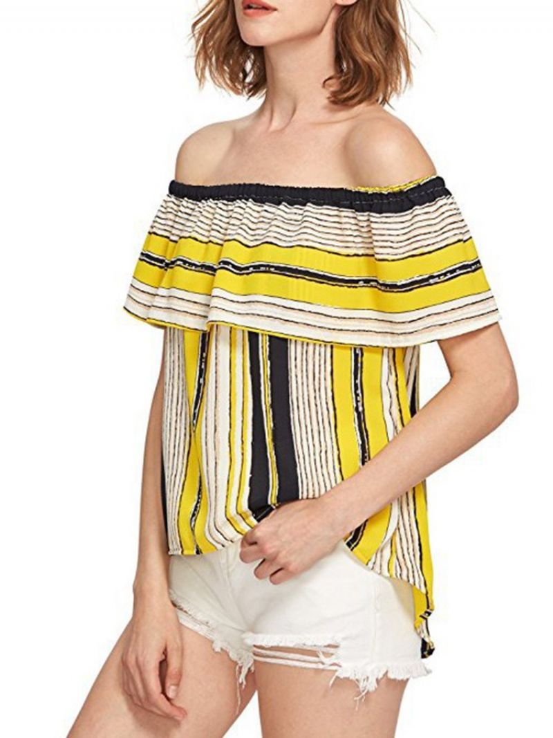 Off Shoulder Color Block Ruffle Sleeve Lyhythihainen Naisten Standard-Pusero