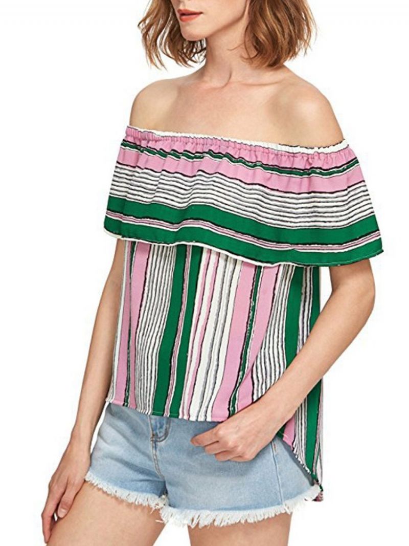 Off Shoulder Color Block Ruffle Sleeve Lyhythihainen Naisten Standard-Pusero