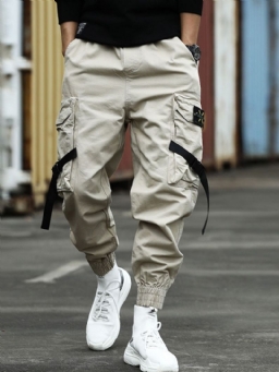 Cargo Pants Pocket Plain Mid Waist Miesten Vapaa-Ajan Housut