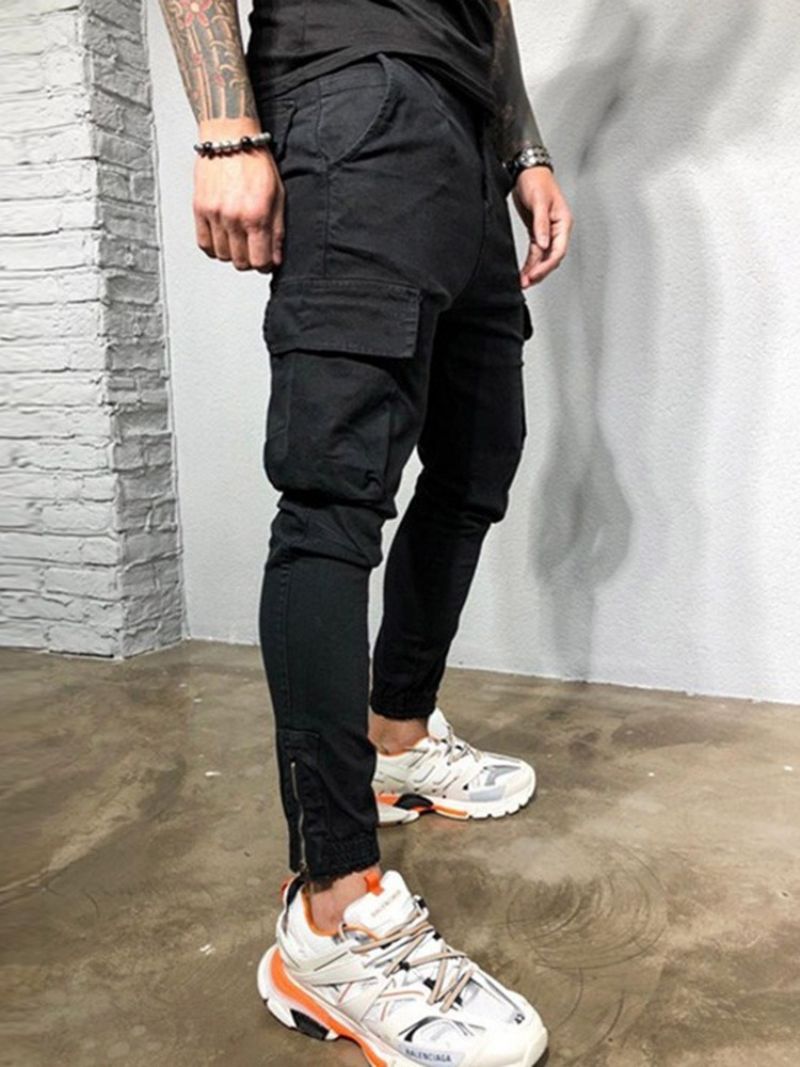 Cargo Pants Pocket Plain Overall Four Seasons Miesten Vapaa-Ajan Housut