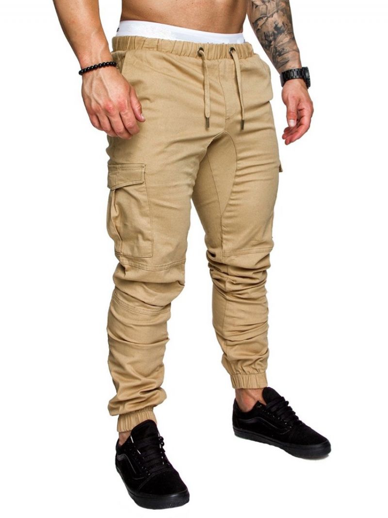 Cargo Pants Tavalliset Khaki Lace Up Pocket Miesten Vapaat Housut