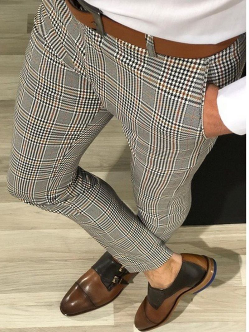 Lyijykynähousut Plaid Pocket Mid Waist Miesten Vapaa-Ajan Housut