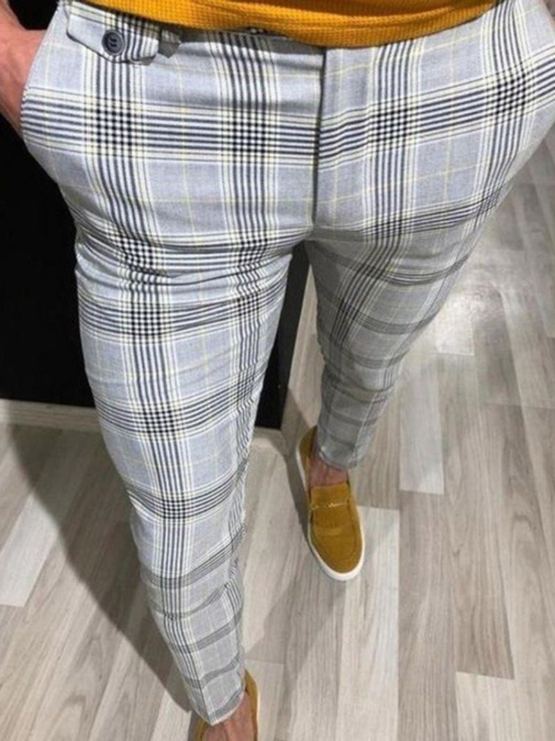 Lyijykynähousut Plaid Pocket Mid Waist Miesten Vapaa-Ajan Housut