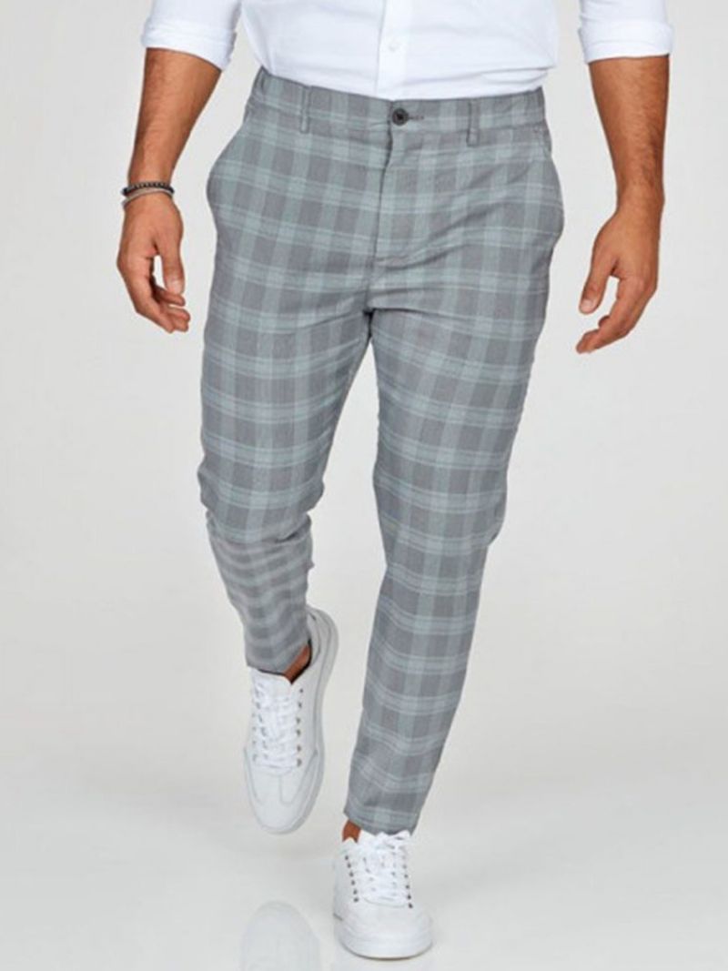 Plaid Pencil Pants Mid Waist Vetoketju Rento Housut