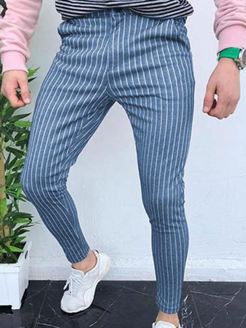 Stripe Pencil Pants Pocket Casual Mid Waist Miesten Vapaat Housut