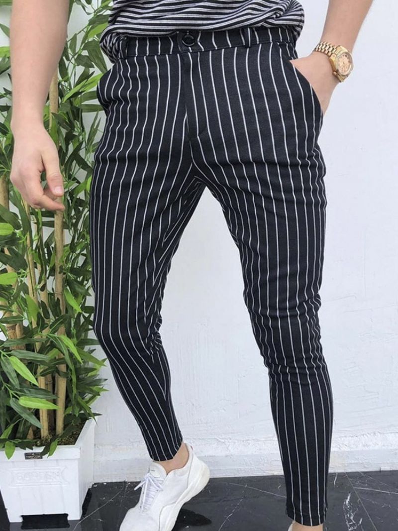 Stripe Pencil Pants Pocket Casual Mid Waist Miesten Vapaat Housut