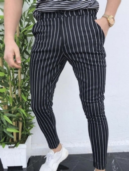 Stripe Pencil Pants Pocket Casual Mid Waist Miesten Vapaat Housut