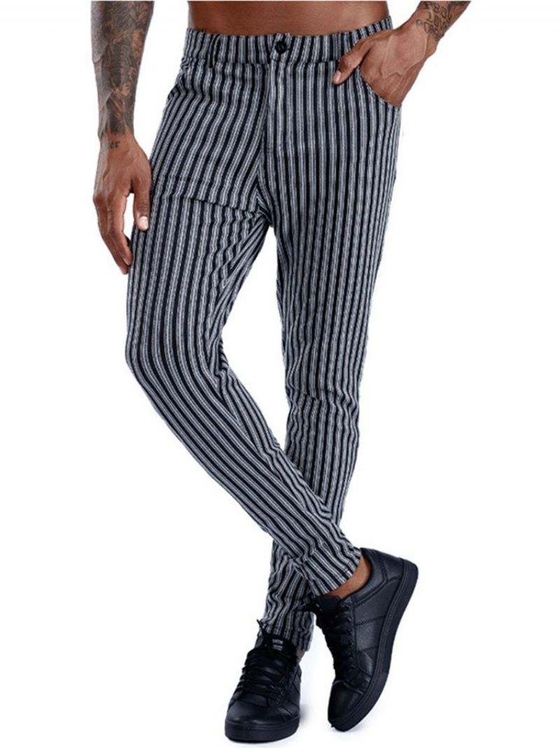 Stripe Pocket Pencil Pants Vetoketju Keskivyötäröllä Miesten Vapaat Housut