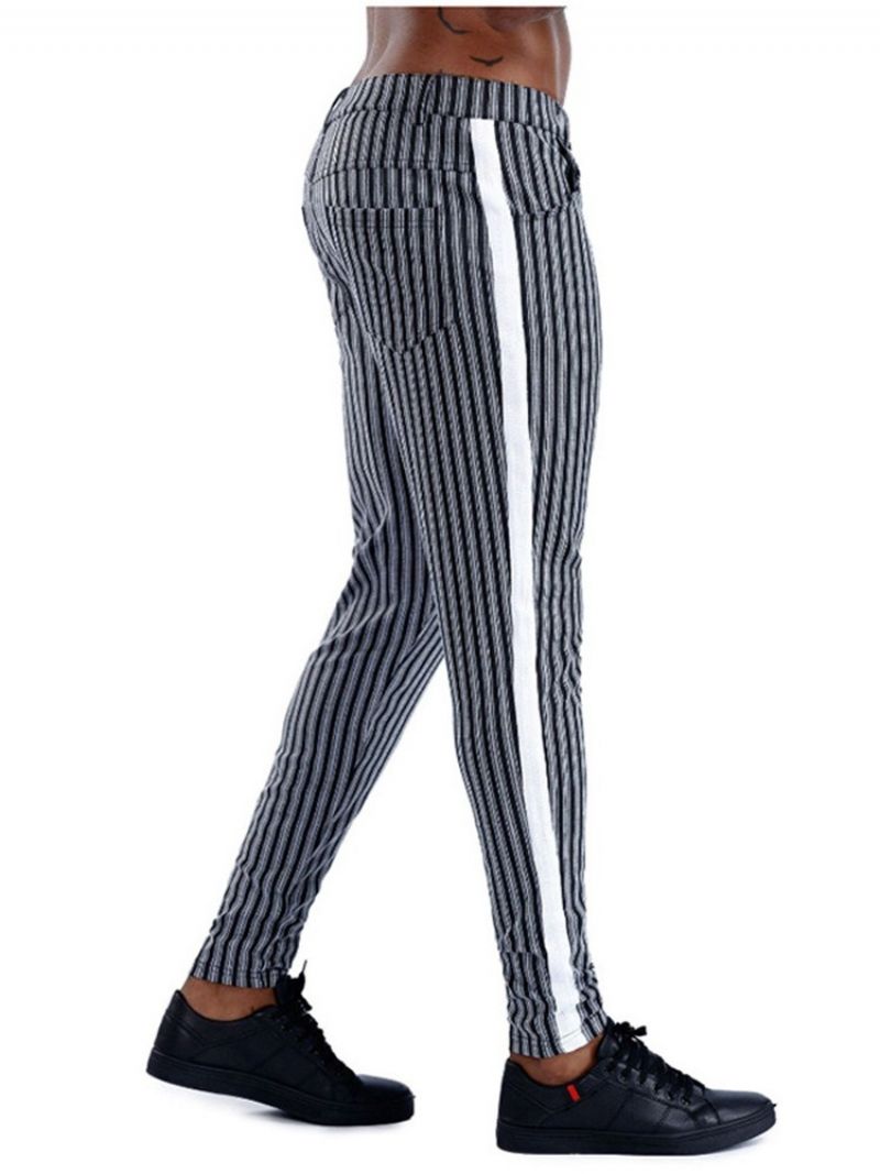 Stripe Pocket Pencil Pants Vetoketju Keskivyötäröllä Miesten Vapaat Housut