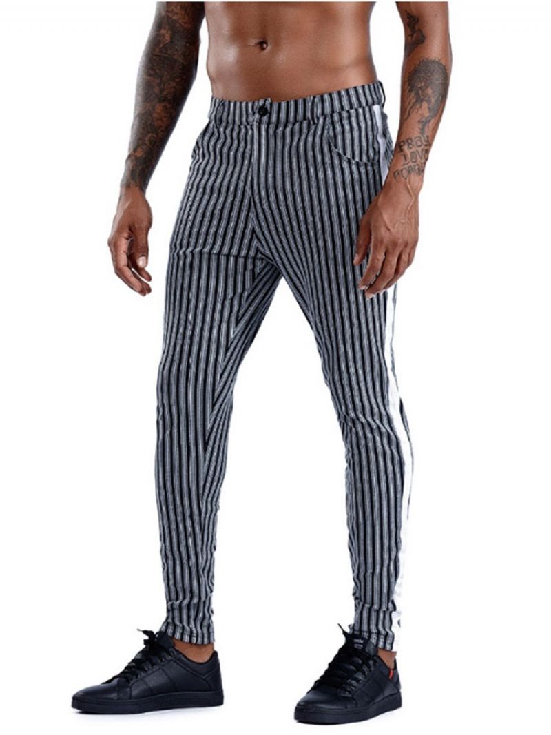 Stripe Pocket Pencil Pants Vetoketju Keskivyötäröllä Miesten Vapaat Housut