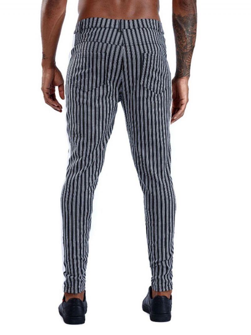 Stripe Pocket Pencil Pants Vetoketju Keskivyötäröllä Miesten Vapaat Housut