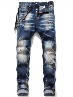 Paint Splatters Straight Mid Waist Button Farkut