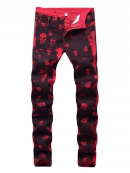 Print Skull Straight Vetoketjullinen Casual Farkut