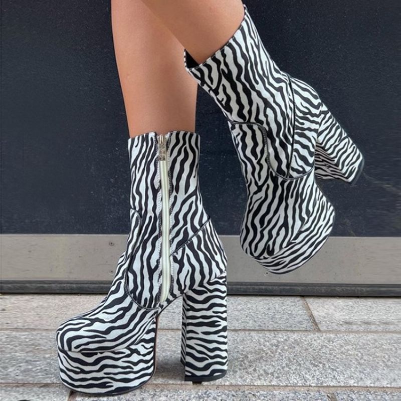 Pyöreävarvas Zebra Chunky Heel Platform Saappaat