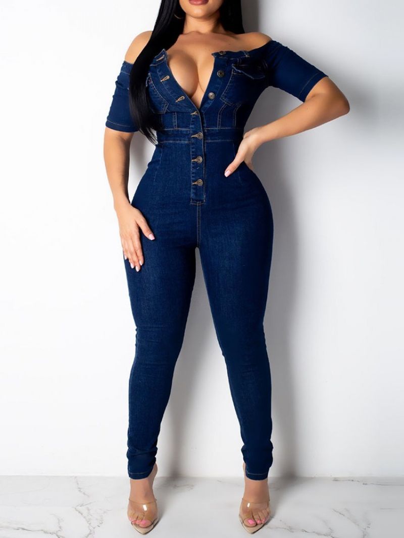 Button Denim Plain Skinny Jumpsuit