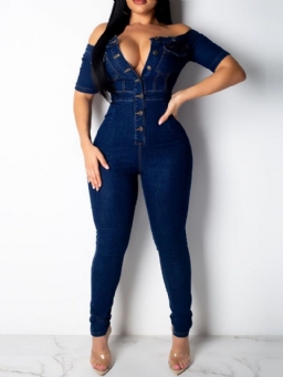 Button Denim Plain Skinny Jumpsuit