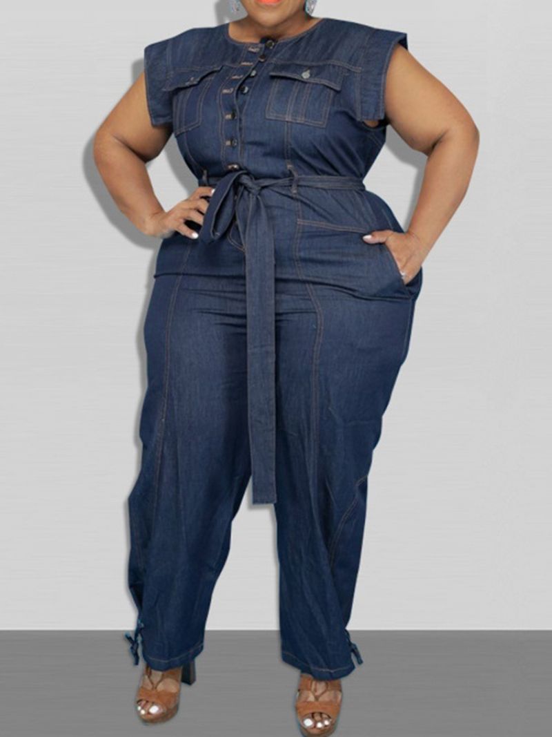 Denim Belted Full Length Western Plain Pencil Pants Slim Jumpsuit