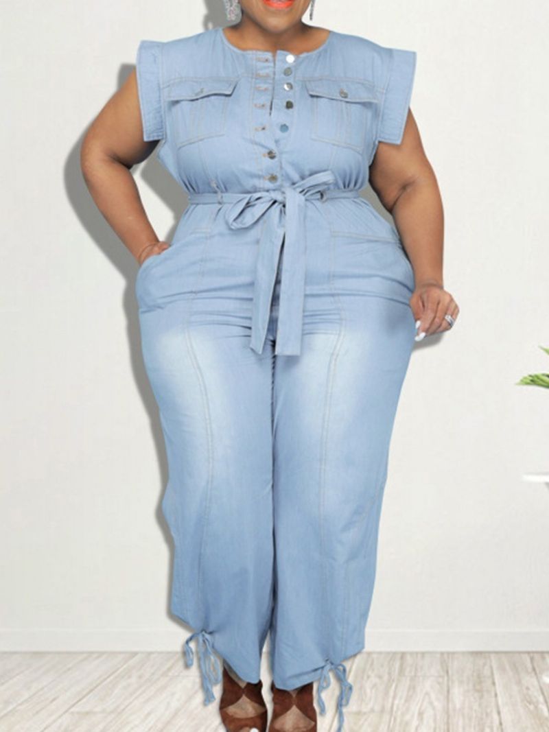 Denim Belted Full Length Western Plain Pencil Pants Slim Jumpsuit