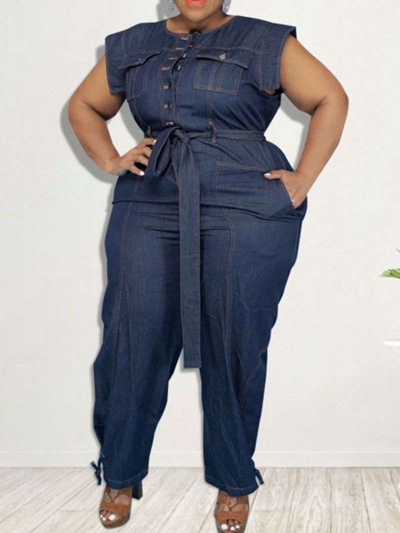 Denim Belted Full Length Western Plain Pencil Pants Slim Jumpsuit