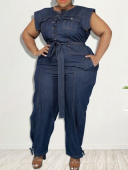 Denim Belted Full Length Western Plain Pencil Pants Slim Jumpsuit