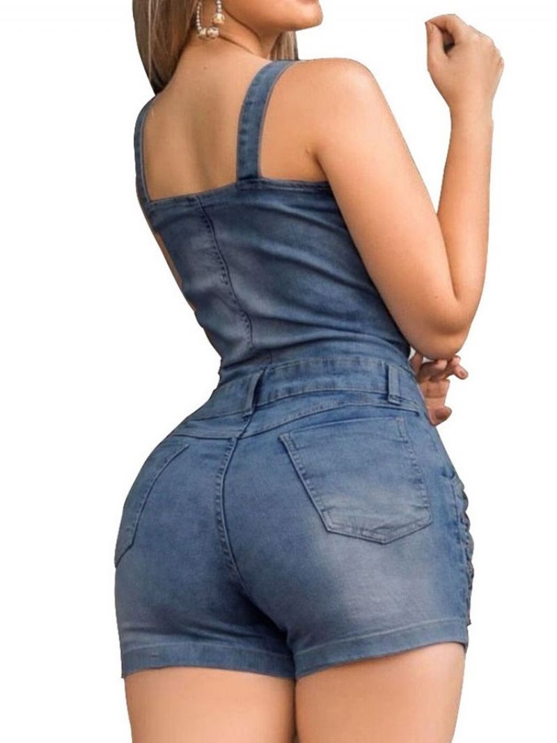 Hole Plain Button Denim Skinny Romper