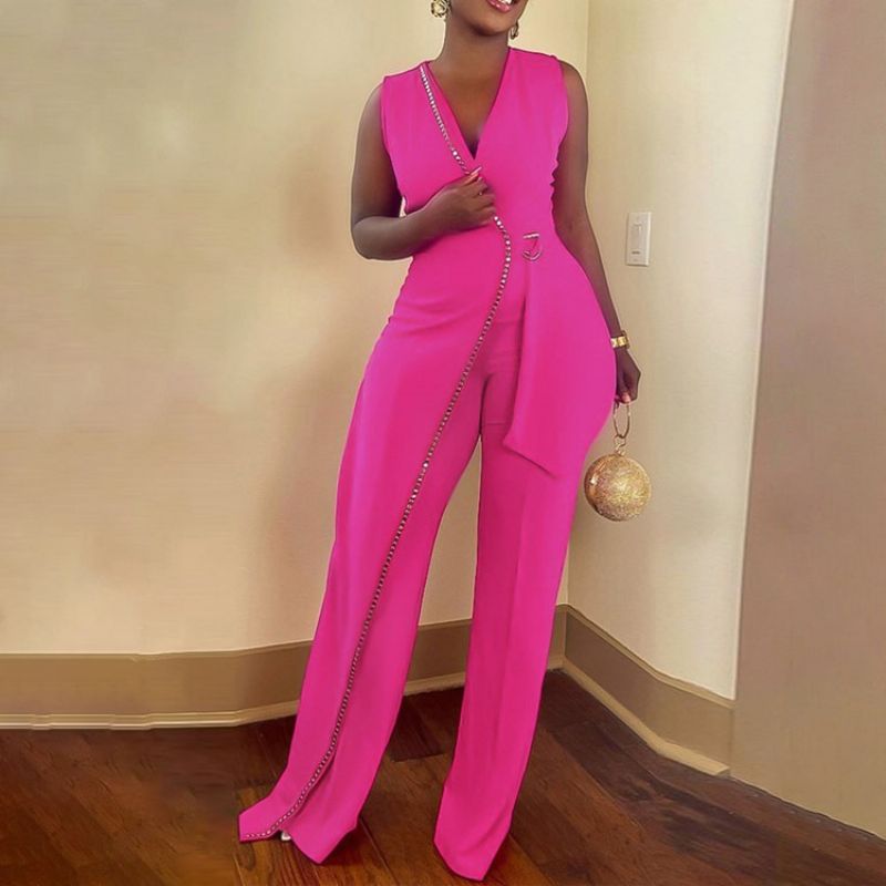 Office Lady Full Length Rivet Straight Skinny Jumpsuit