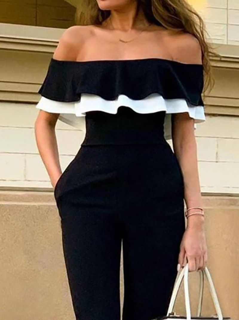 Ruffles Color Block Off Shoulder Slim Jumpsuit