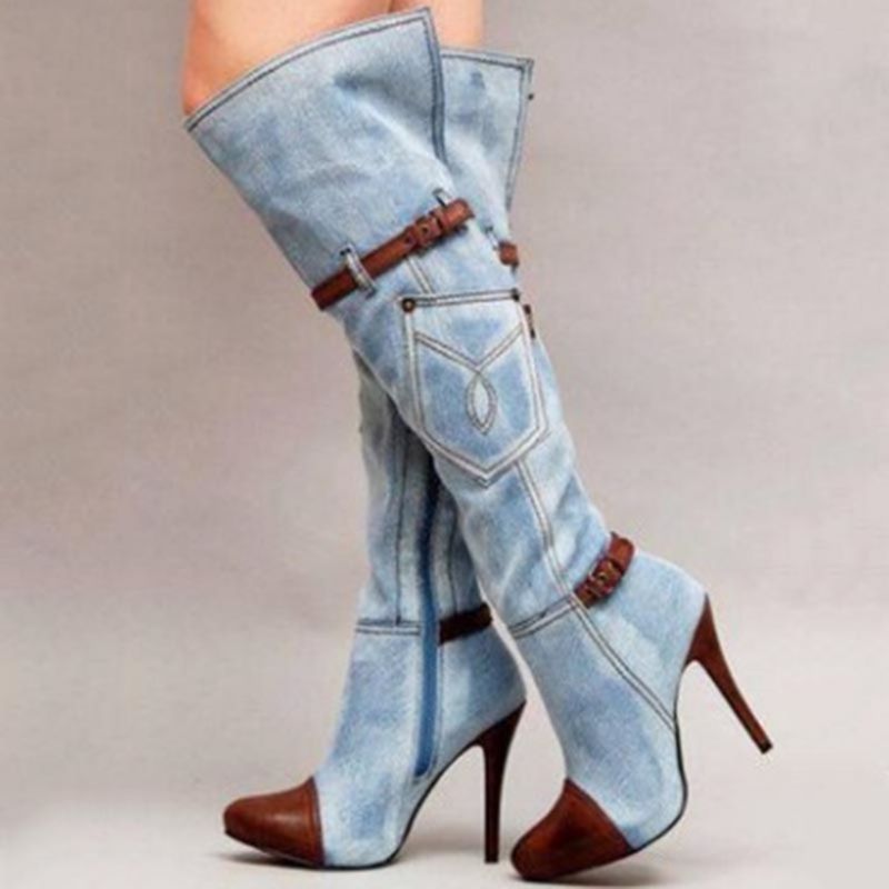 Denim Patchwork Stiletto Heel Polvisaappaat